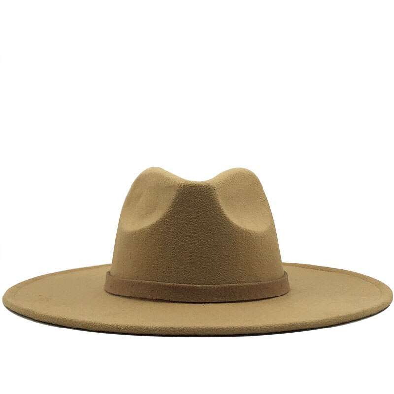 Bred randen fedora hat til kvinder ensfarvet uldfilt hat til mænd efterår vinter panama gamble grå jazz cap: Lys khaki