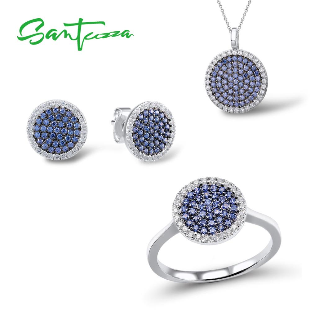 SANTUZZA Silber Schmuck einstellen Für Frauen Blau Schwarz CZ Runde Kreis Ring Ohrringe Anhänger einstellen 925 Sterling Silber Schmuck: Blau / 7.5