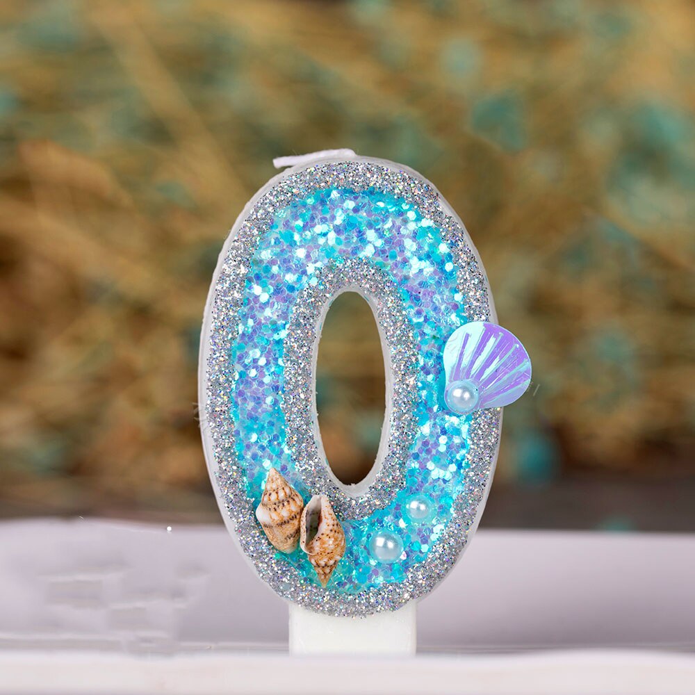 Decoraciones azules para pastel de cumpleaños de bebés y niños, vela de concha de océano brillante para Baby Shower, recuerdo para niños de 0 a 9 velas, suministros para hornear: 0