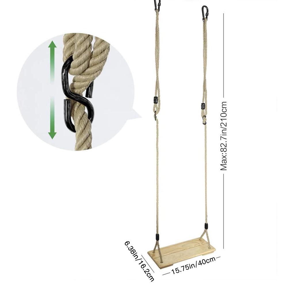 Siège de balançoire en bois classique avec corde de balançoire solide, balançoire suspendue réglable en hauteur pour intérieur et extérieur