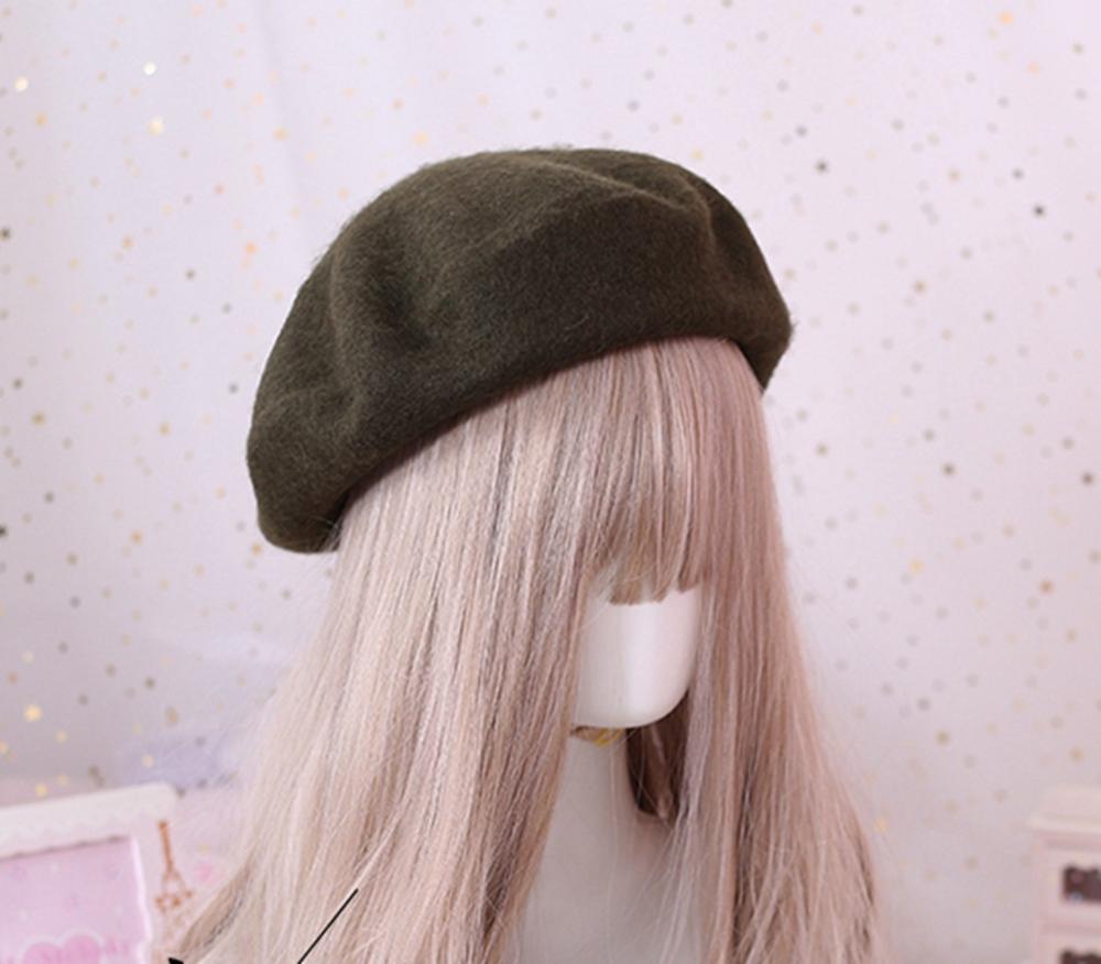 Solid Color Wool Beret for Women Girls Winter Autumn Beanit Hat: Army Green