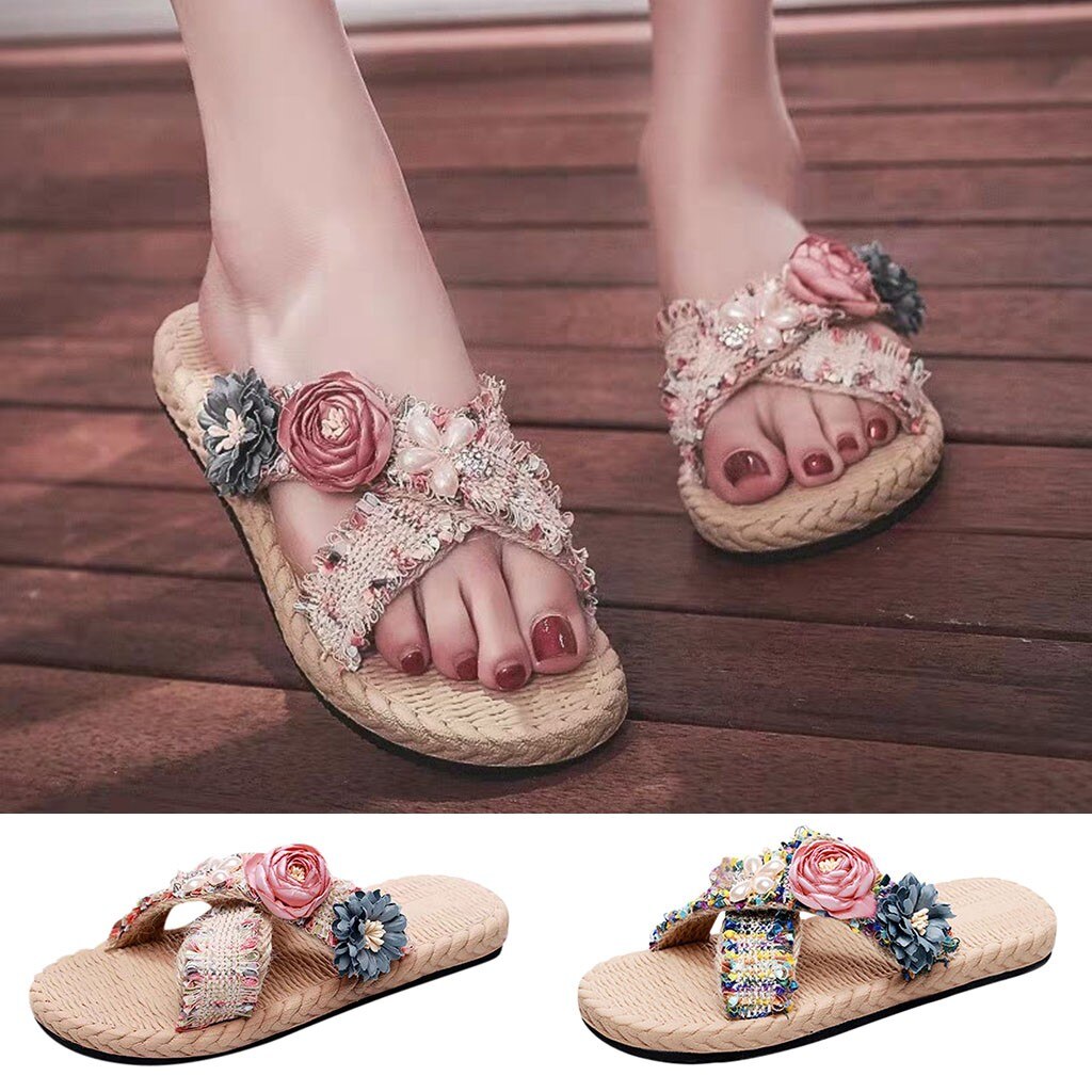 Vrouwen Bloem Strand Schoenen Zomer Antislip Meisjes Mode Strand Schoenen Vlas Vrouwelijke Bloemen Slippers Bohemian Strand Schoenen # 0706LJC
