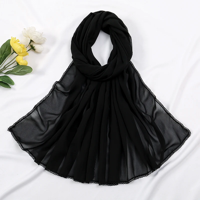 Premium Chiffon Hijab Sjaal Voor Vrouwen Tulband Sluier Kant Stiksel Sjaals Moslim Hijaabs Effen Kleur Vrouw Hoofddoek Sjaal Ramadan: Licht Koffie