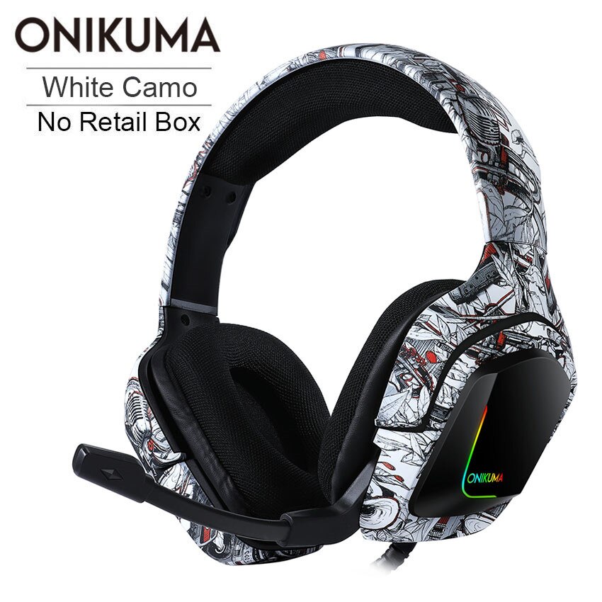 ONIKUMA K20 PS4 Headset casque PC Gamer Stereo Gaming Hoofdtelefoon met Mic/Led Licht voor XBox One/Laptop tablet: White Camo No Box