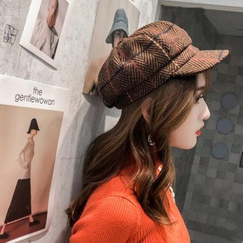 Falll Winter Plaid Wool Newsboy Hat for Women Octagonal Newsboy Cap Ladies French Disigner Hat Casual Hat Girls Painter Cap