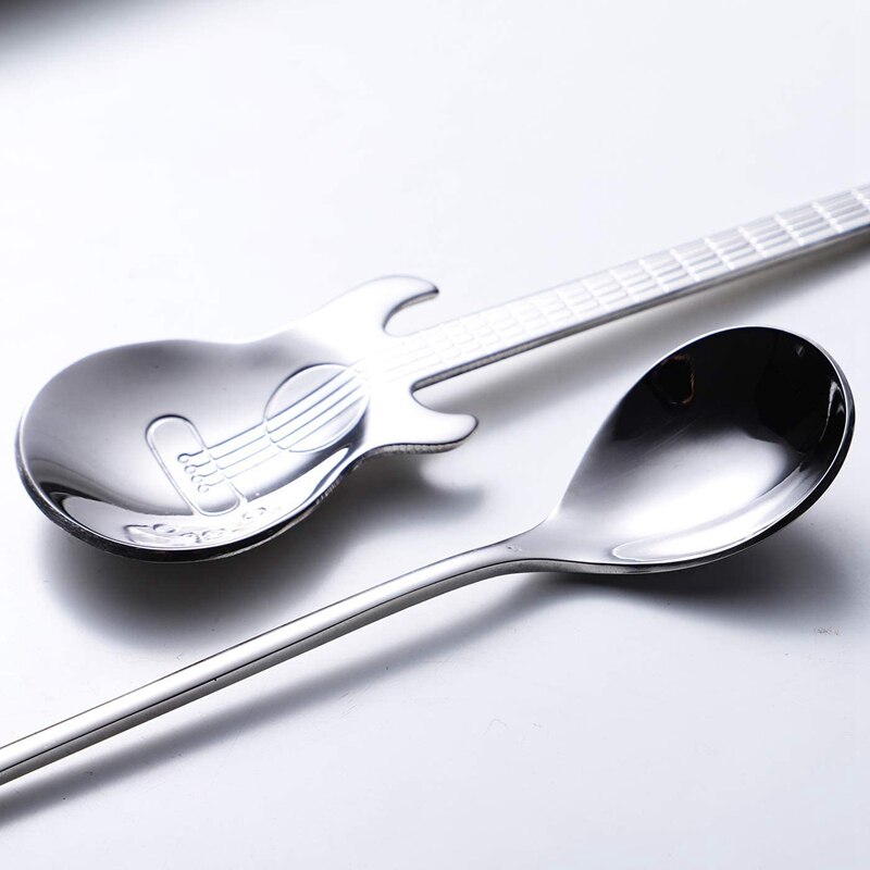 6Pcs Note Spoon and Guitar Spoon Set Teaspoon Stainless Steel Note-Shaped Coffee Spoon (3 Notes + 3 Guitars)