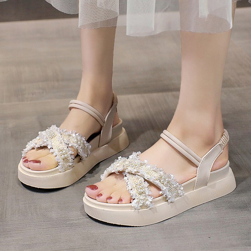 Perlensandalen für damen – sommer- #39 Ich bin koreanischen stil, lässige strandsandalen mit dicker sohle und elastischem riemen, Plateau-sandalen für damen
