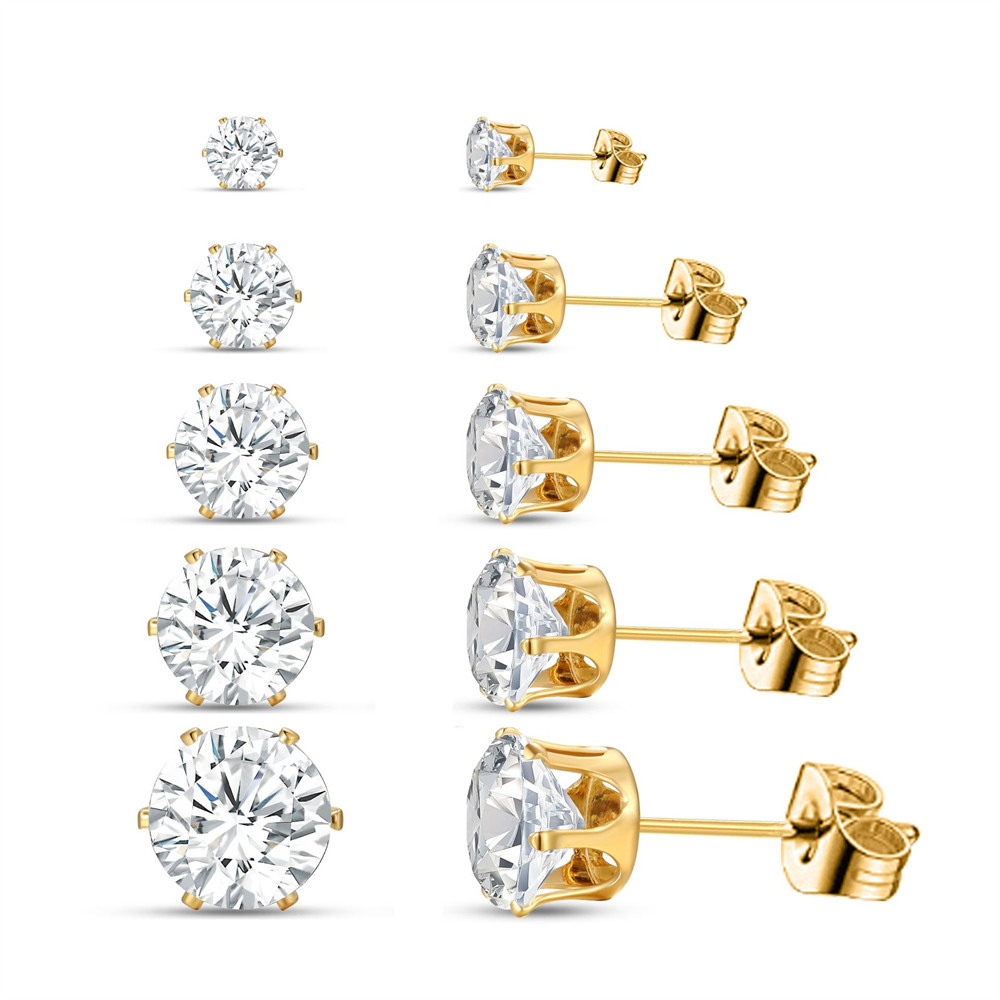 Set van 10 glanzende oorbellen met zirkonia steentjes, bezet met kubische zirkonia, voor dames en heren, unisex, goudkleurige legering, eenvoudige feestelijke oorbellen.: Lichtgeelgouden kleur