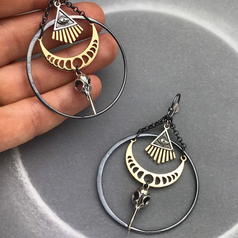 Exaggerated Moon Crow Skull Earrings Stars and Moon Bohemian Healing Celestial Witchy Metaphysical Jewelry