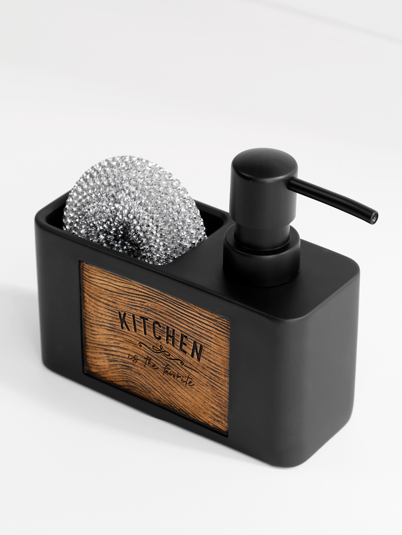 Distributeur de savon de cuisine avec porte-éponge, distributeur de savon liquide pour les mains et la vaisselle et porte-éponges noir et blanc