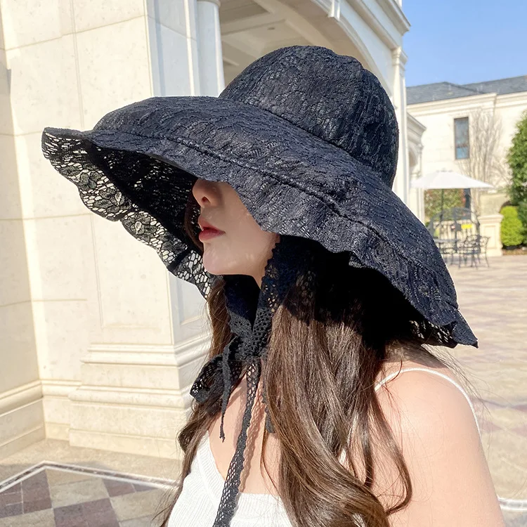 White Lace Sun Hat Summer Hats for Women Bucket Hat Beach Sunhat Large Wide Brim Summer Cap for Women