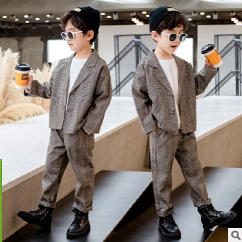 Pojkdräkter vår/höst pojkar 2- delade kostymer barns enkelknäppta plädfärger kostymset storlek 4-14 ly616