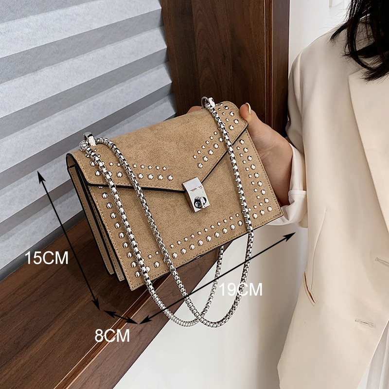 Kleine leren schoudertassen voor dames met ketting en klinknagelsluiting, crossbodytas voor dames, mini-reistassen