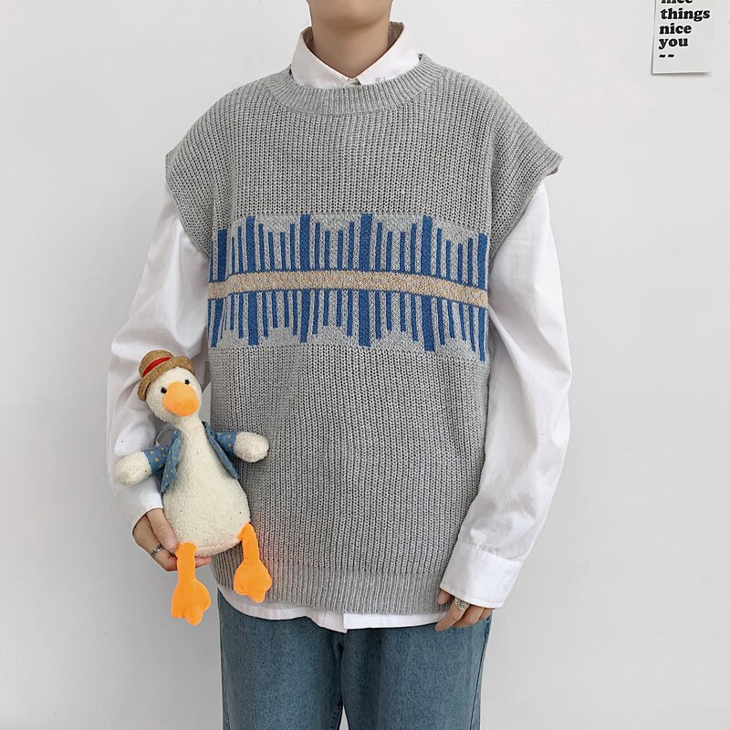 Mannen Trui Vest Print Losse Gebreide Harajuku Eenvoudige Lente Herfst Mannetjes Leisure Chic Trendy Uitloper Koreaanse Stijl Mode: gray / M