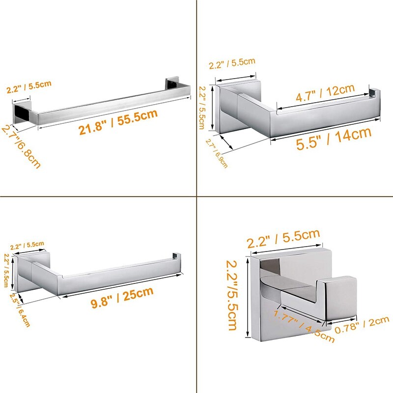 Chrome Badkamer Hardware Accessoire Set Inclusief Handdoek Bar Toiletrolhouder Handdoekhouder Gewaad Haak Premium SUS304 Roestvrij S