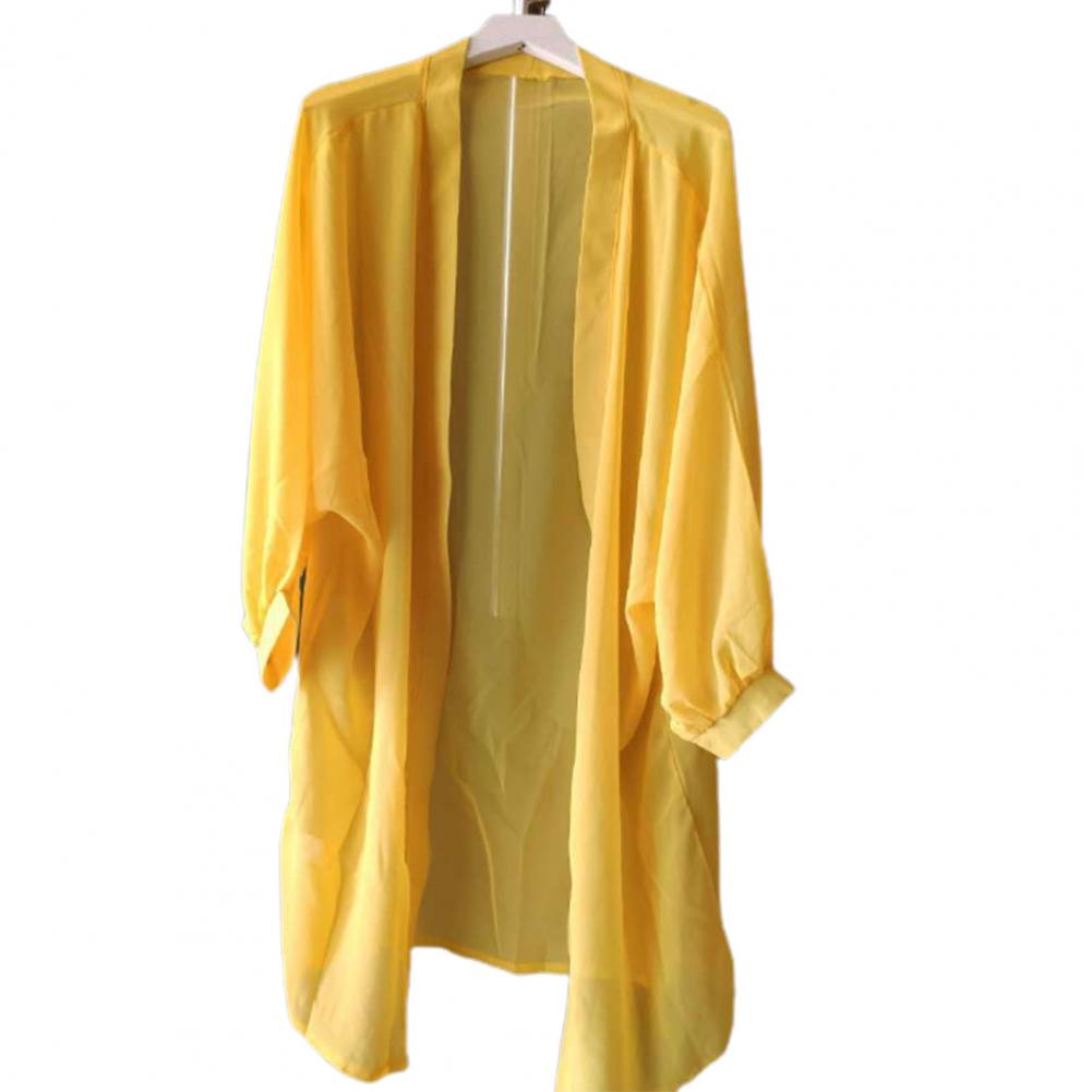 Vrouwen Zomer Mouw Effen Kleur Anti Zon Dunne Vest Midi Jas Vrouwelijke Zomer Strand Kimono Lange Batwing: YELLOW