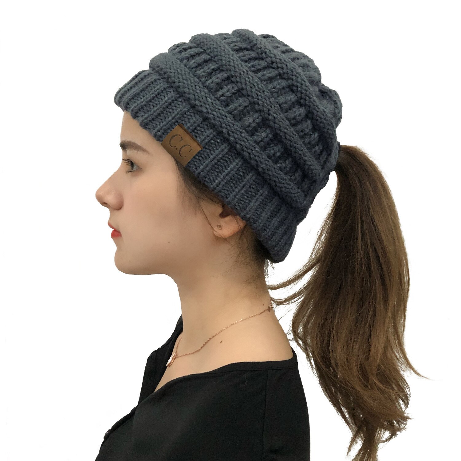 Winter Hats For Women Pompom CC Beanie Horsetail Caps Cross Criss Ponytail Hat Girls Warm Knitted Thick Outdoor Ski Cap: Dark gray