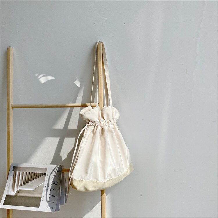 Patchwork dame lærred skuldertasker stor kapacitet ruched snor stof håndtaske tote stor øko indkøbstaske til piger: Hvid