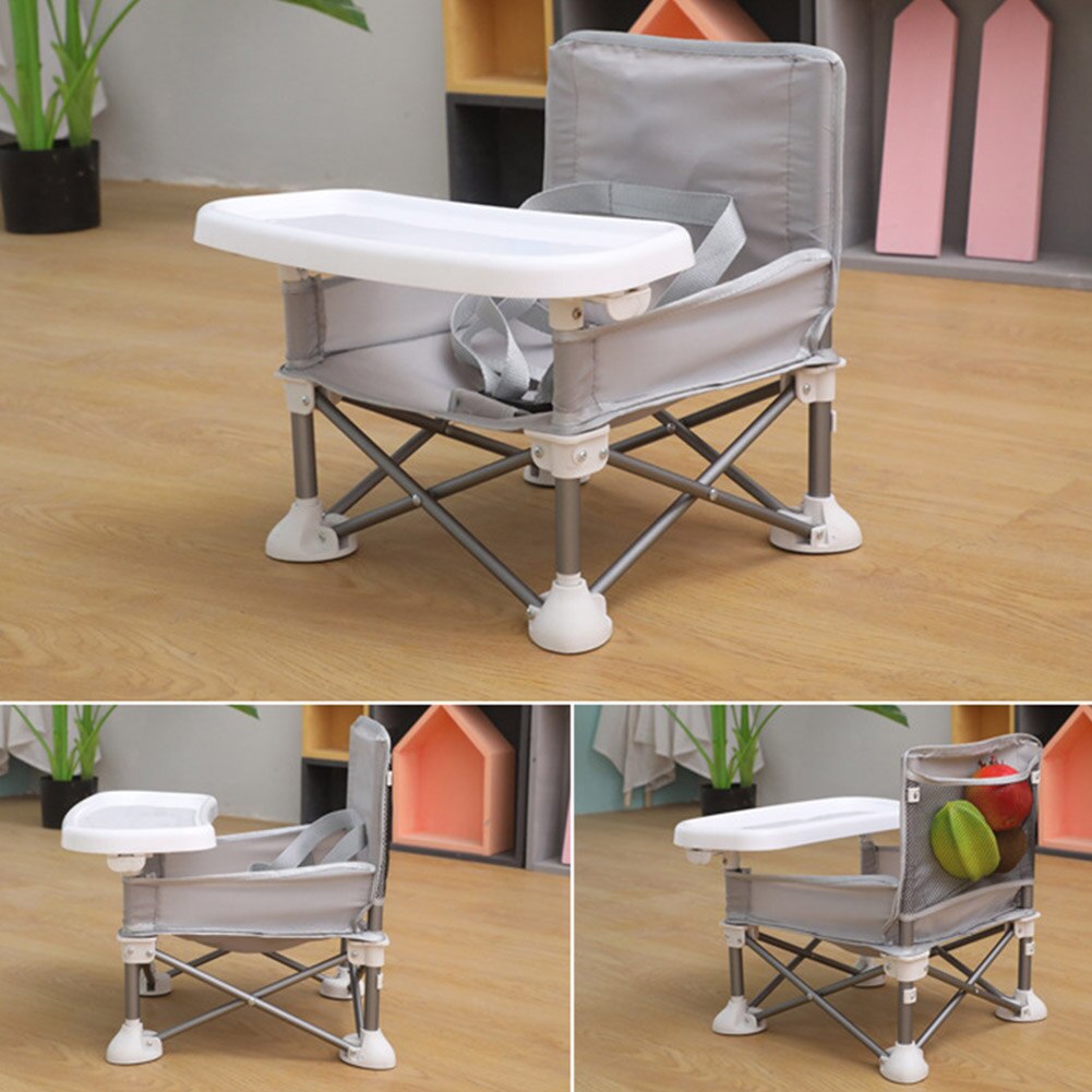 Børn spisebordsstol aluminiumslegering bærbar foldbar strand aftagelig camping baby rejse spiser højstol med bakke græsplæne: Grå