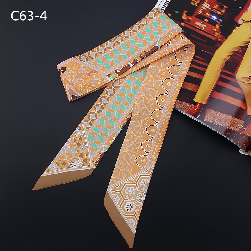 Kvinder silke skinny tørklæde print hår tørklæder til damer bånd håndtag taske slips tørklæde band: C63-4