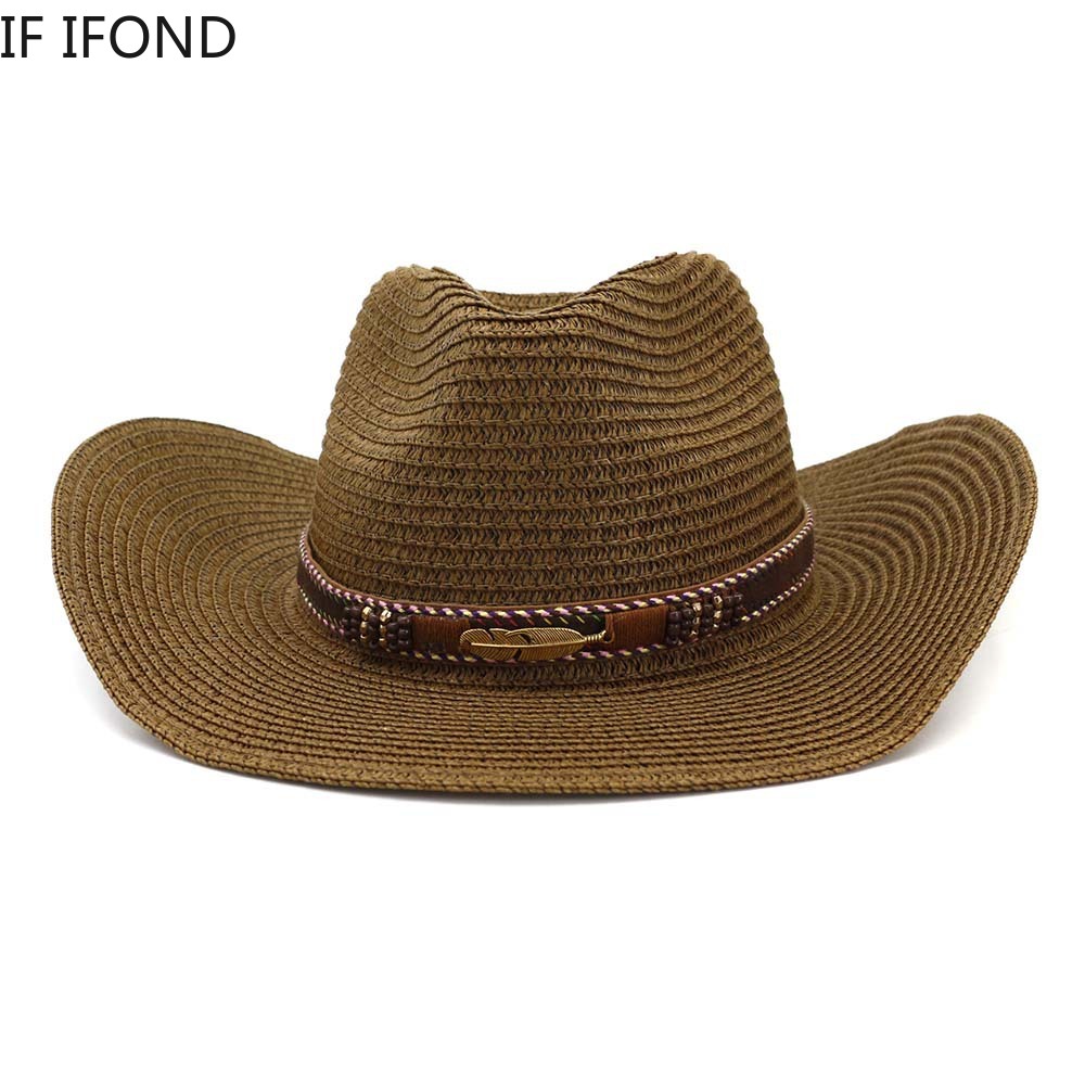Western cowboy For Women Men Straw Hat With Alloy Feather Beads summer Beach Cap Panama hat