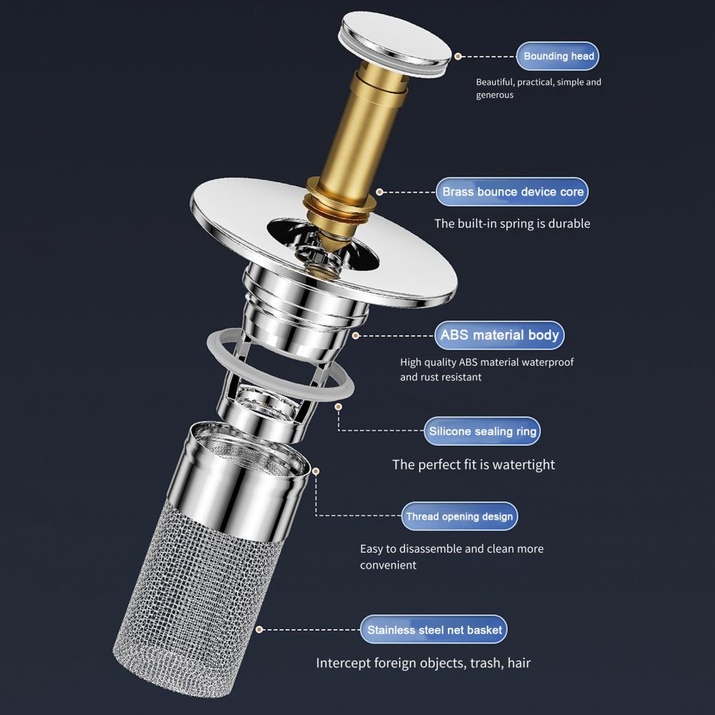 Pop-Up Sink Stopper for 1.1-1.45 Inch Upgraded 2-in-1 with Removable Stainless Steel Basket Hair Catcher Bathroom Sink Stopper