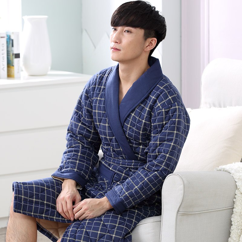 Winter Autumn Plaid 3 Layers Thick Cotton Quilted Men&#39;s Bath Robes Gentlemen&#39;s Homewear Big Yards L-3XL Male Sleepwear Lounges