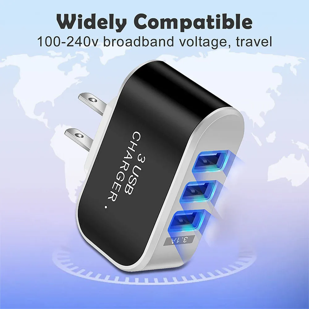 Cargador USB 3.1A de 3 puertos, luz LED, cabezal de carga rápida multifuncional, cabezal de carga USB, adaptador de pared para cargador de teléfono móvil USB