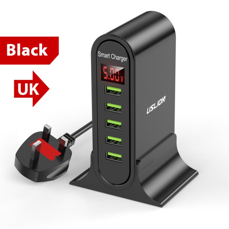 5 Port USB Charger HUB Multi USB Charging Station Dock Desktop Wall Home LED Display Universal Chargers EU US UK Plug: 05 UK BLACK