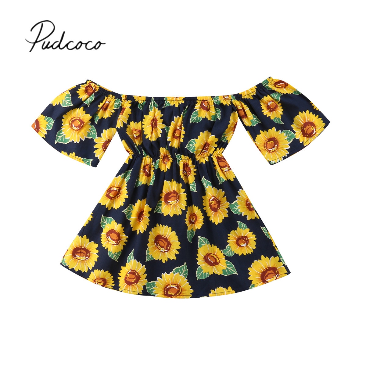¡Novedad de ! Vestido de verano para bebés de 1 a 6 años, vestido con hombros descubiertos girasol y acampanado, Vestido de manga corta para niños