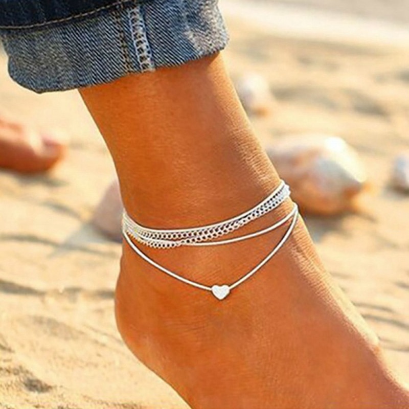 Bohemian Silver Color Anklet Bracelet On The Leg Heart Female Anklets Barefoot For Women Leg Chain Beach Foot Jewel