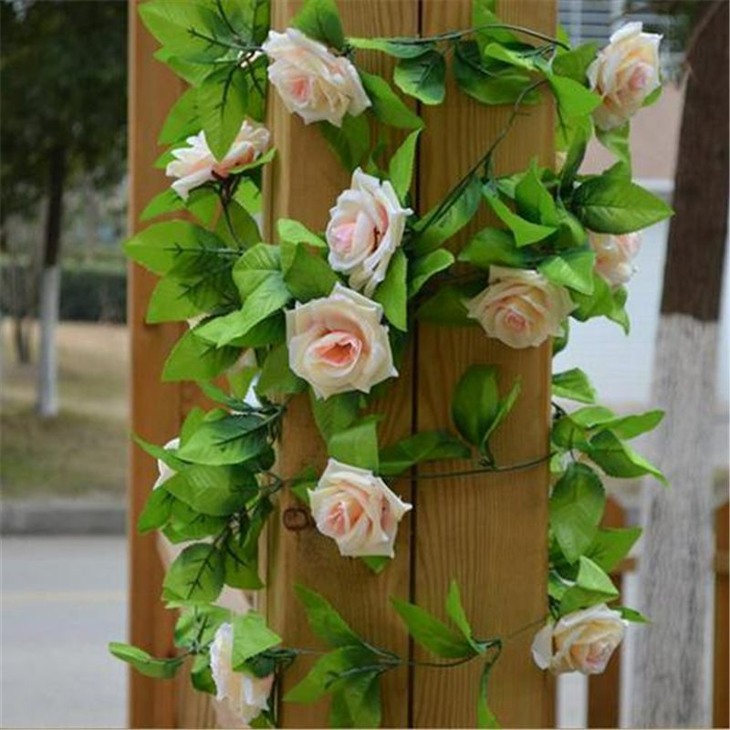 2.4m kunstig blomstringssimulering silke rose blomst vin vedbend hjem bryllup indretning bondehus indretning stof blomst væg bryllup: Champagne