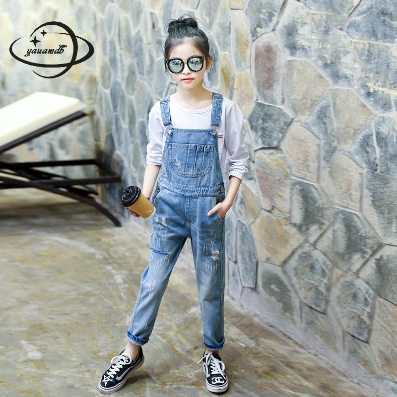 Monos de para niños, monos vaqueros para niñas de 6-15 años, pantalones vaqueros a rayas, ropa para niños, pantalones con agujeros, ropa Y52