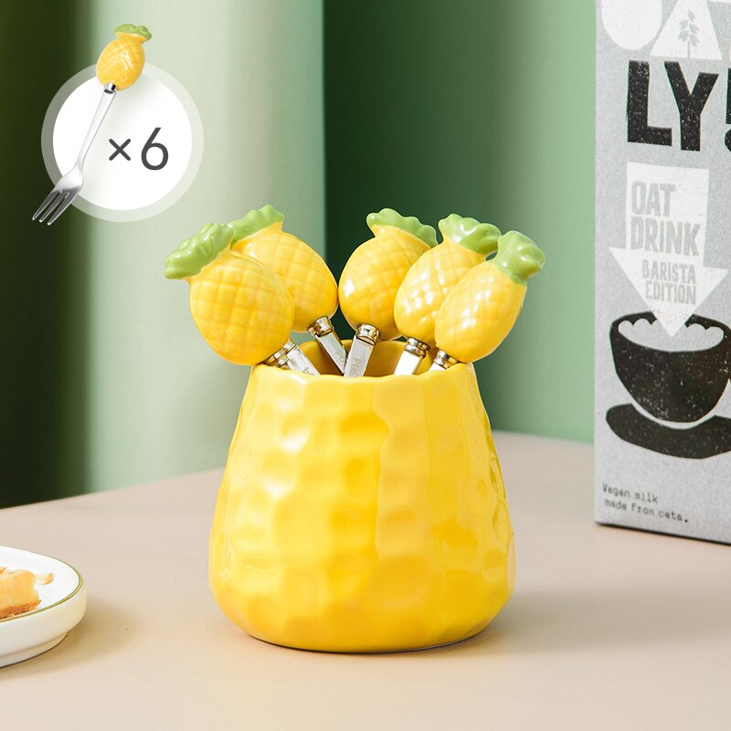 Fourchettes à fruits créatives en acier inoxydable, 7 pièces, service de couverts, fourchettes avec support en céramique pour pique-nique à la maison: Yellow with 6 forks