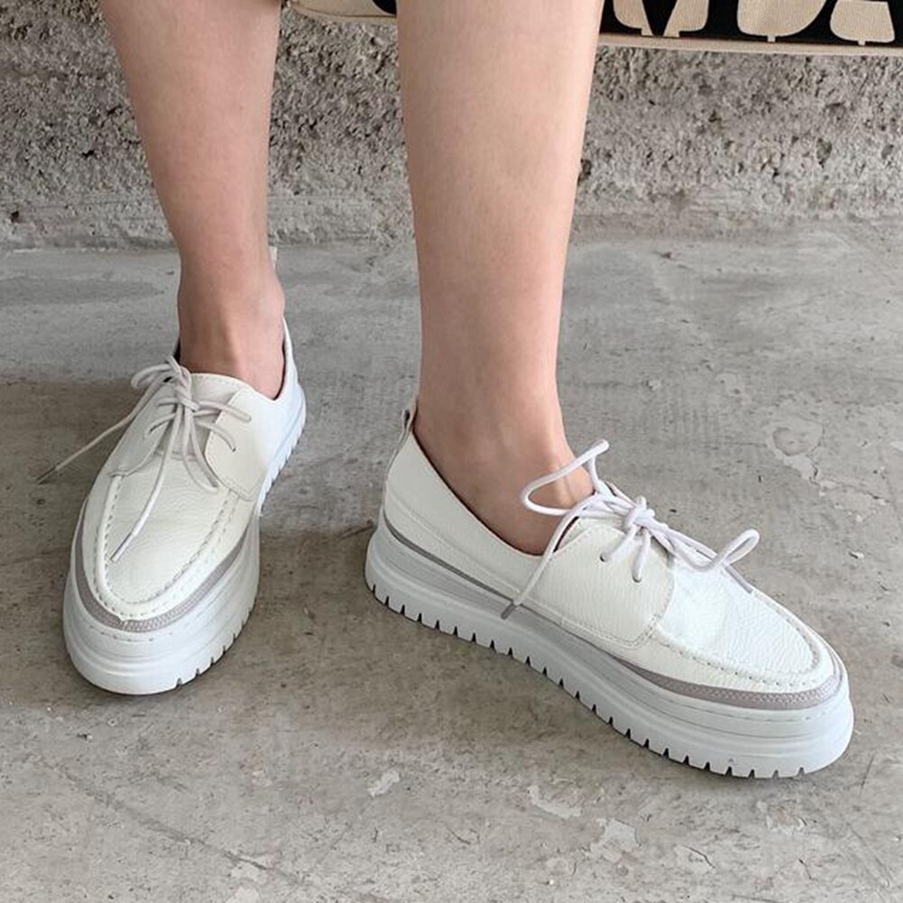 Zapatos de plataforma plana con punta redonda y cordones para mujer, de tacón bajo sólido Blanco, informales, con estilo, talla grande 39, novedad