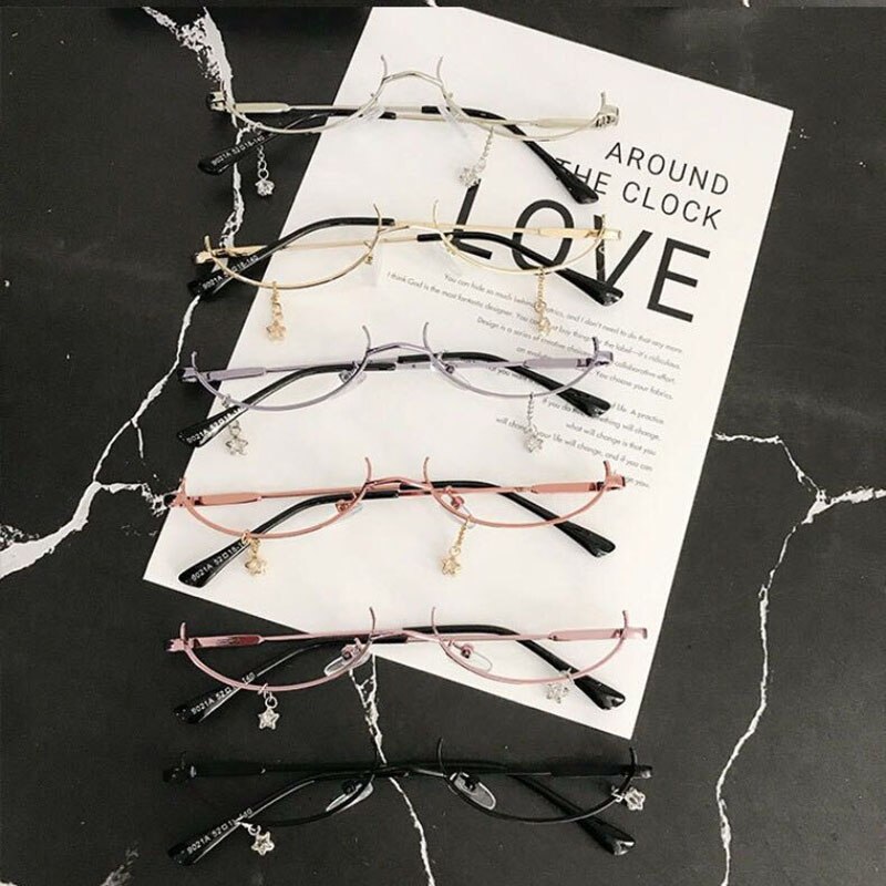 SO&amp;EI Ins Popular Vintage Lower Half Frame No Lens Women Glasses Frame Water Pendant Chain Decorative Glasses Empty Frame