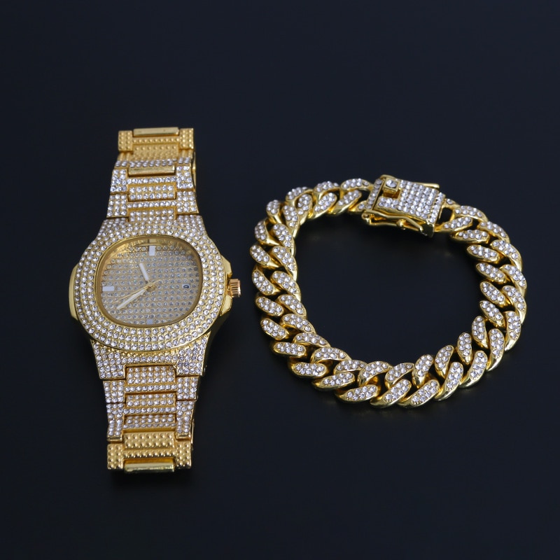 Hip Hop Mannen Armbanden Bling Iced Out Crystal Miami Ketting Goud Zilver Kleur Mannen Horloge + Armband Set Luxe Hip hop