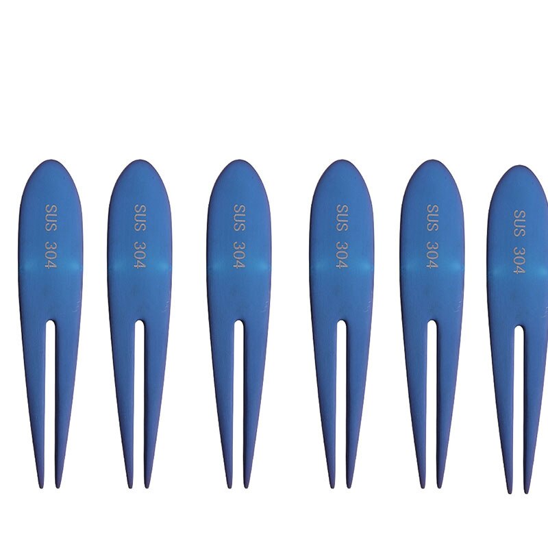 6 pz forchetta da frutta in acciaio inossidabile torta d'oro dolce Picke bella mini forchetta utilizzata per la torta in festa lumaca forcella regalo ristorante: 6pezzi blu