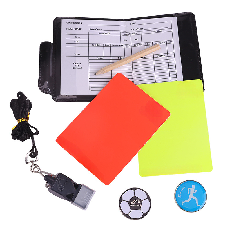 Jeu de cartes d'arbitre de football, drapeau de patrouille d'arbitre, carte rouge et jaune avec crayon, carte d'avertissement de football et cueilleur de bord