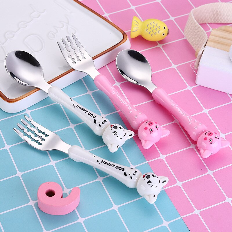 2 Pcs Baby Servies Set Kinderen Gebruiksvoorwerp Rvs Peuter Servies Bestek Cartoon Baby Voedsel Voeden Lepel Vork