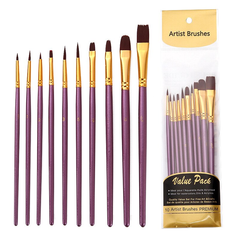 10Pcs/Set Nylon Watercolor Paint Brush Different Shape Acrylic Wooden Handle Point Tip Art Painting Brushes Stationery Supplies: Purple