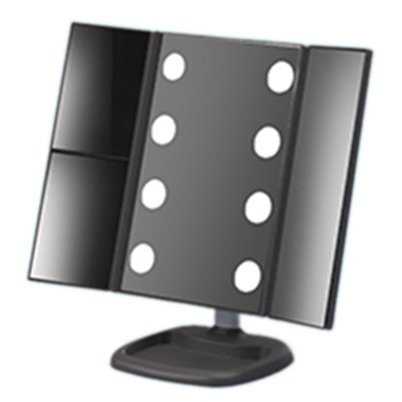 Justerbart led speil sminkespeil stort 8 led lys pressesensor 2 x 3x zoom bærbar tresidig folding: Svart