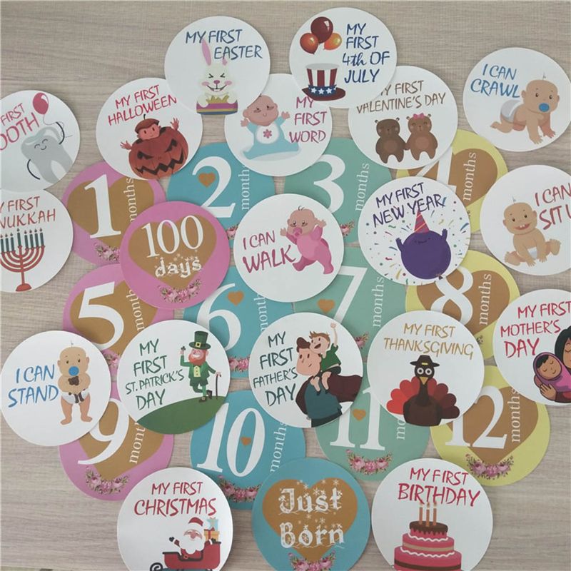 32 PCS Baby Monthly Photograph Sticker Cute Cartoon Infant Milestone Sticker 1-12 Month Scrapbook Photo Album Photo Prop