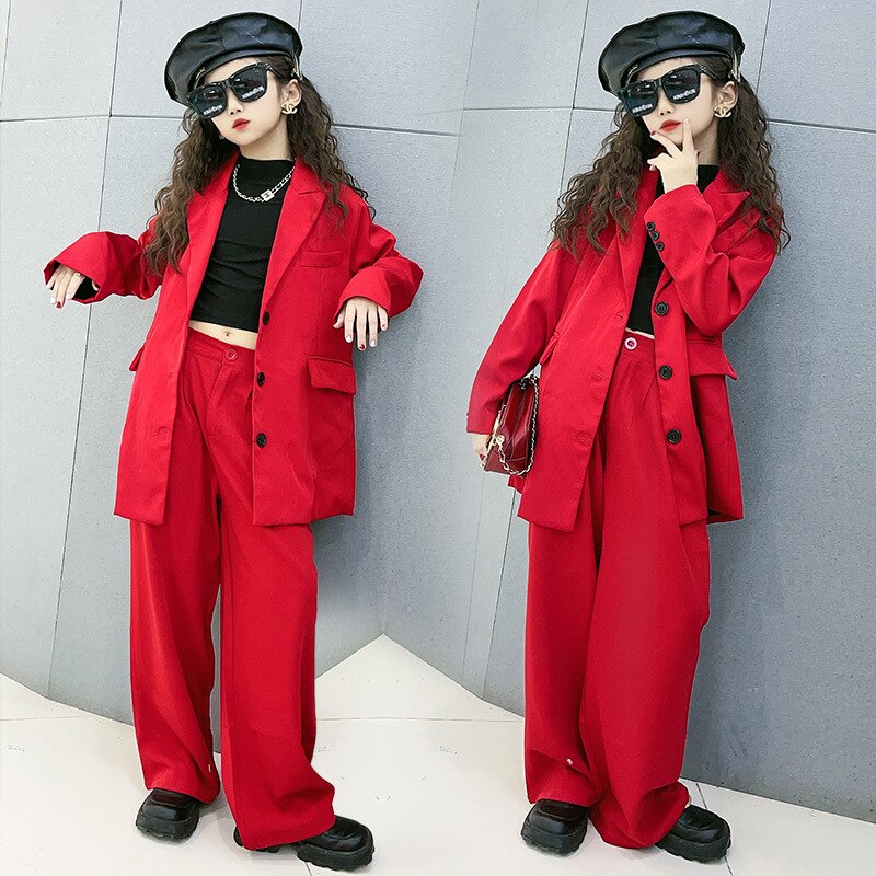 Pak Voor Meisjes Rode Losse Casual Blazer Wijde Pijpen Broek Twee Stukken Tiener Kinderen Outfits 12 13 14 Jaar Kid 'S Kostuum