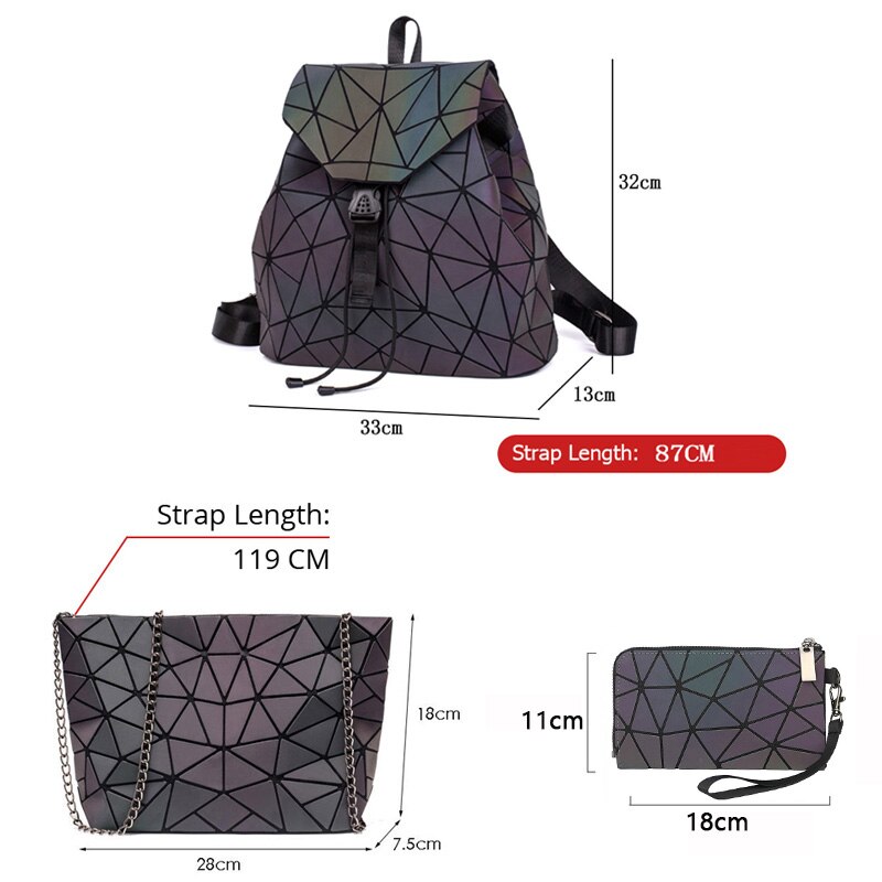 Couple Luminous Folding Set Backpack Chain Bag And Colorful Clutch Bag Rhombus College Style Personality Backpack Women