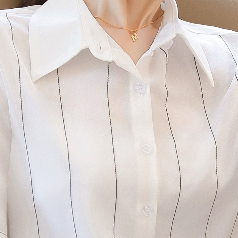 Marineblå chiffon striper kortermet kvinner sommer løse bluser kontor damer hvite topper