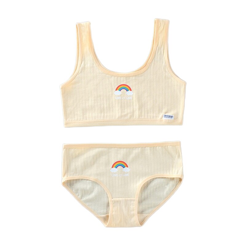 C9GB Teenage Young Girls 2Pcs Underwear Set Rainbow Bridge Print Cotton Training Bra Vest Top and Panties Sports Bralette: Skin color