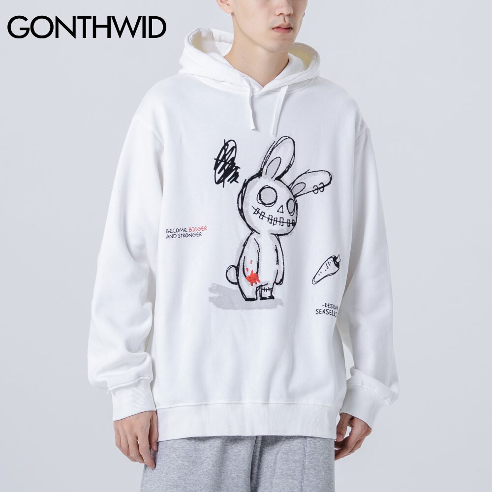 GONTHWID Carrot Smiling Rabbit Print Sweatshirts Streetwear Mens Hooded Hoodies Hip Hop Harajuku Casual Pullover Coat