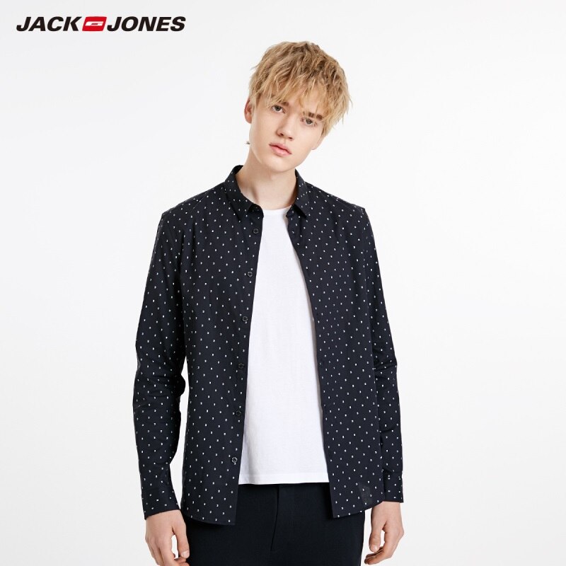 JackJones Men's Slim Fit Basic 100% Cotton Jacquard Long-sleeved Shirt Menswear| 219105578