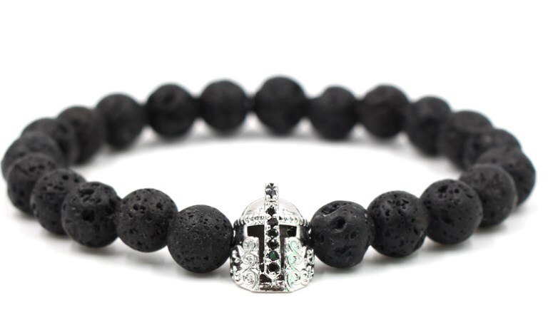 10mm y43 elastische aangepast natuur zwarte steen vulkanische lava bead micro pave Spartan helm cz zirconia Armband: 2